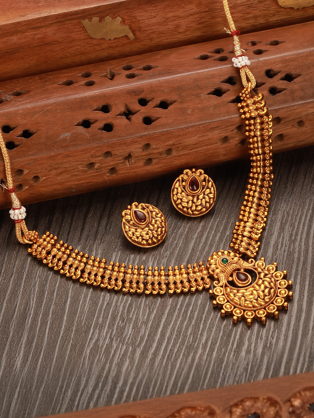 Gold plated Red Stone Studded Minimal Temple Choker jeellery Studds